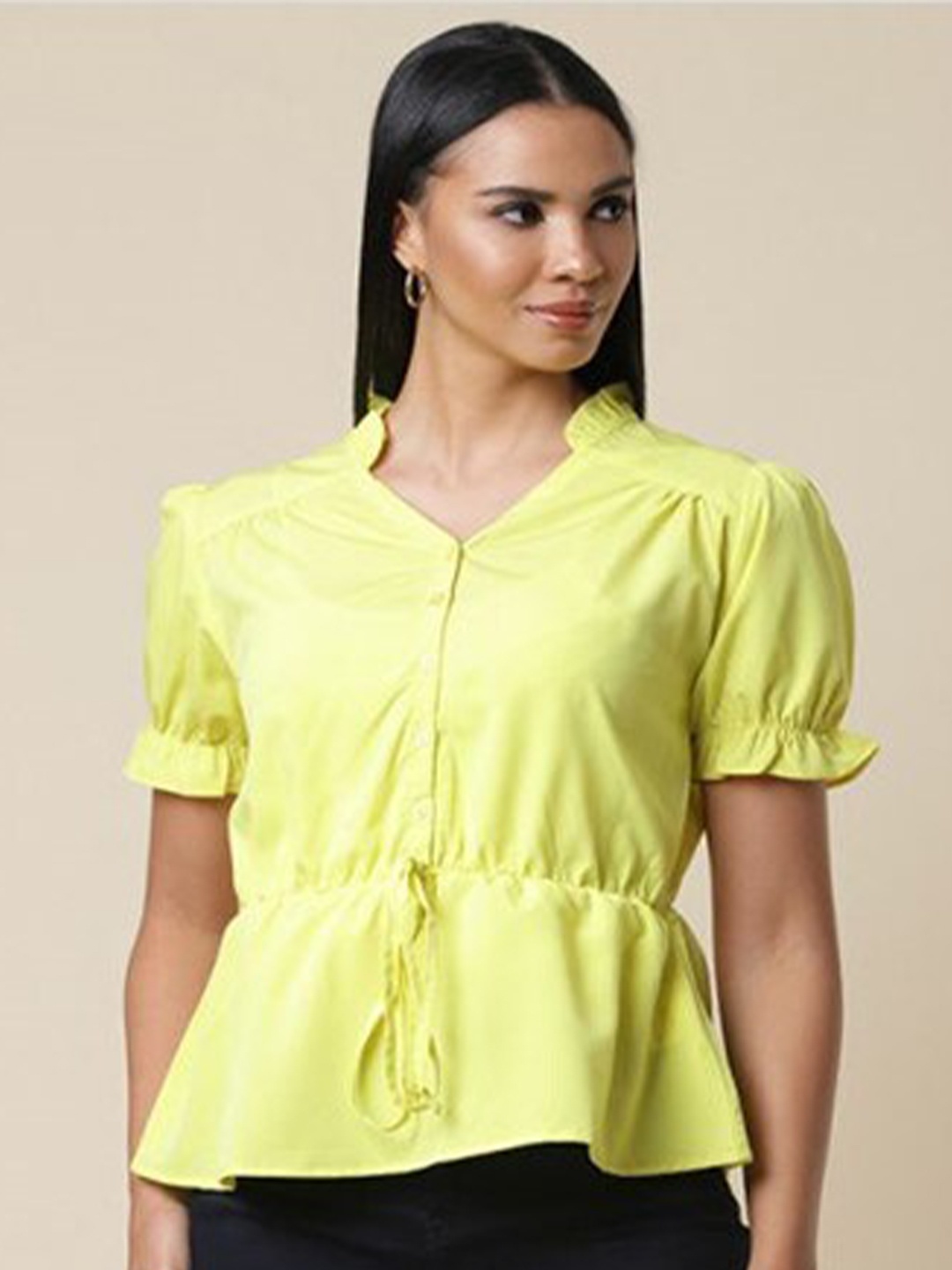 

Aila Mandarin Collar Cotton Peplum Top, Green