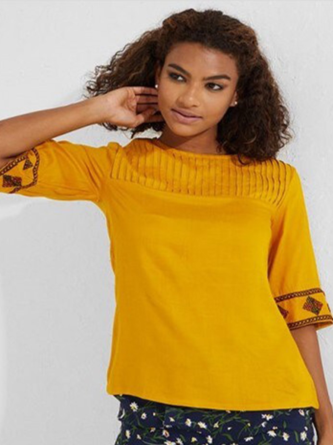 

Aila Round Neck Pintucks Detail Cotton Top, Mustard