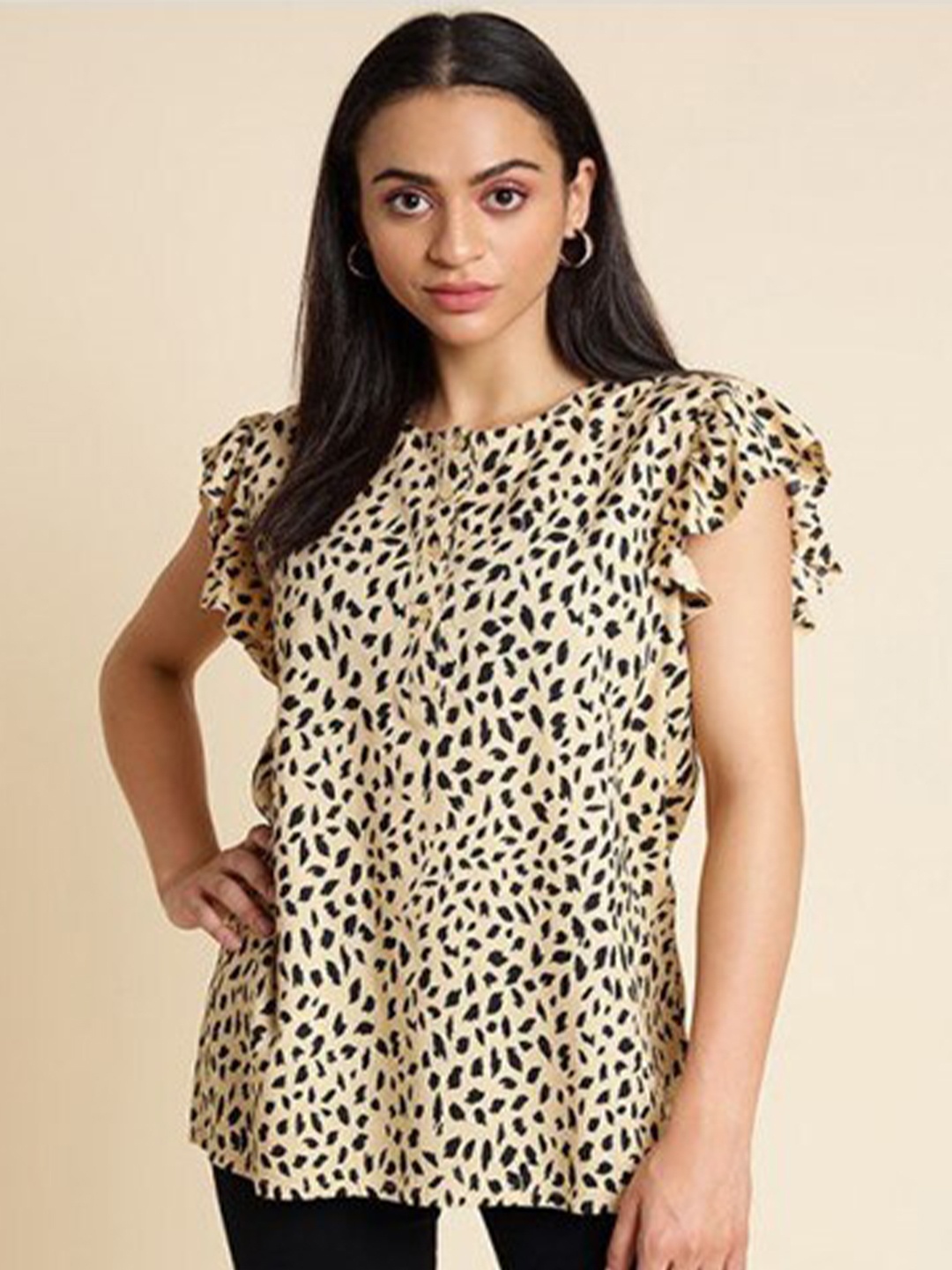 

Aila Animal Printed Cotton Top, Beige