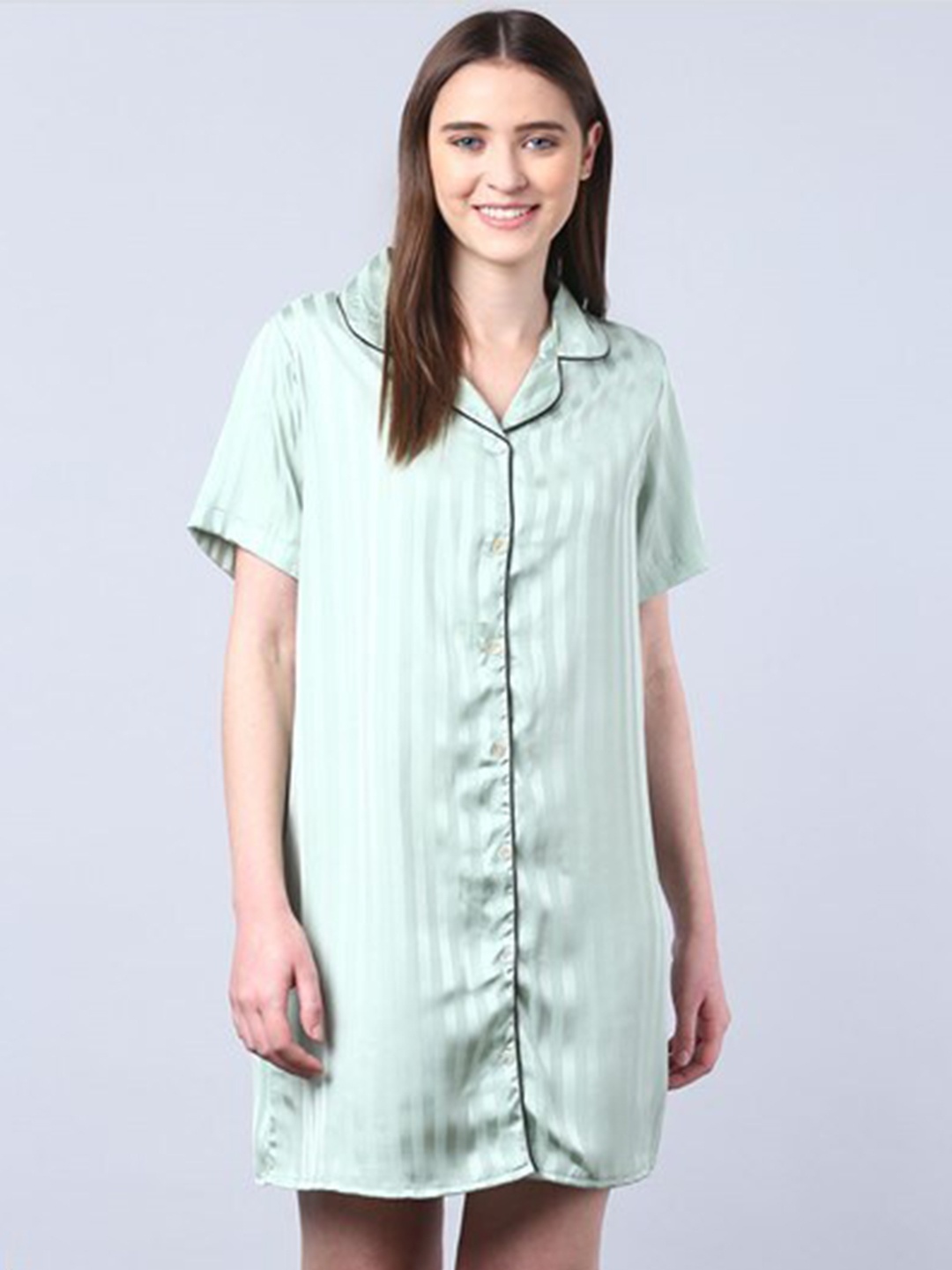 

Aila Striped Lapel Collar Shirt Nightdress, Green