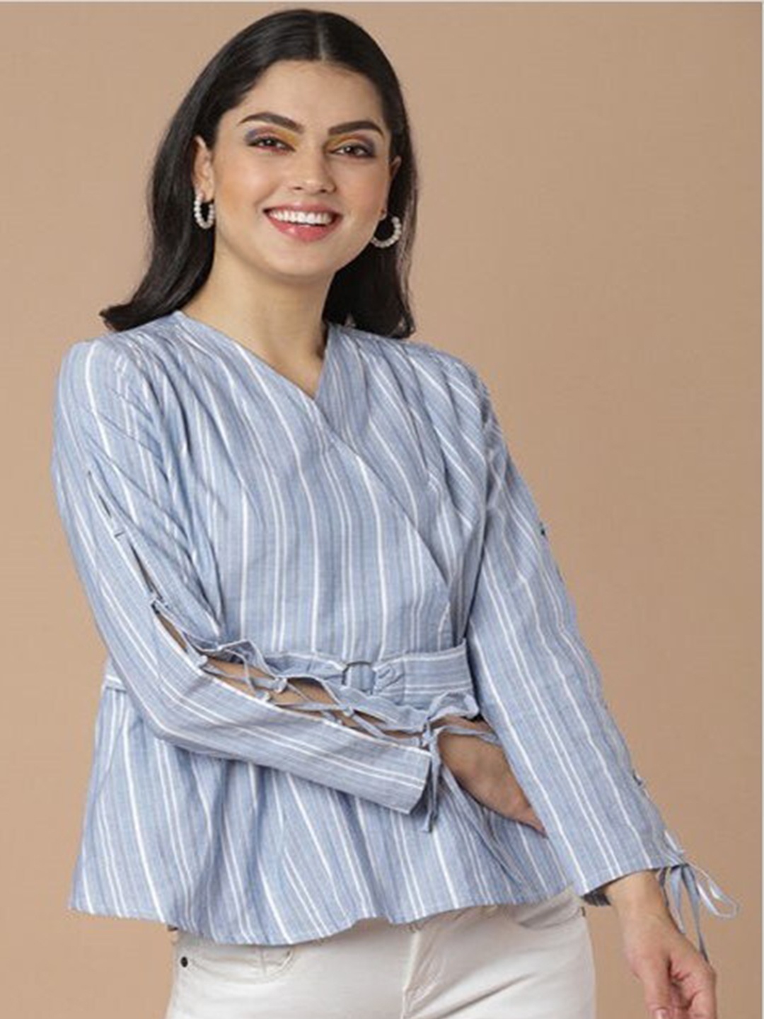 

Aila Striped V-Neck Cotton Peplum Top, Blue