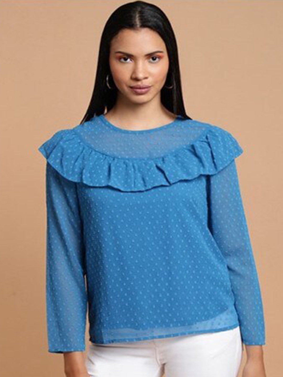 

Aila Self Design Ruffles Cotton Top, Blue