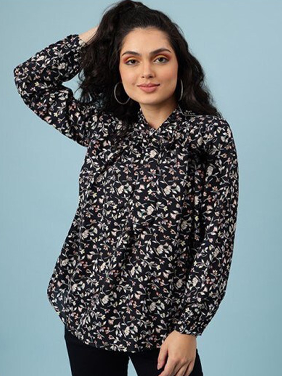 

Aila Floral Printed Tie-Up Neck Cuffed Sleeves Cotton Shirt Style Top, Black