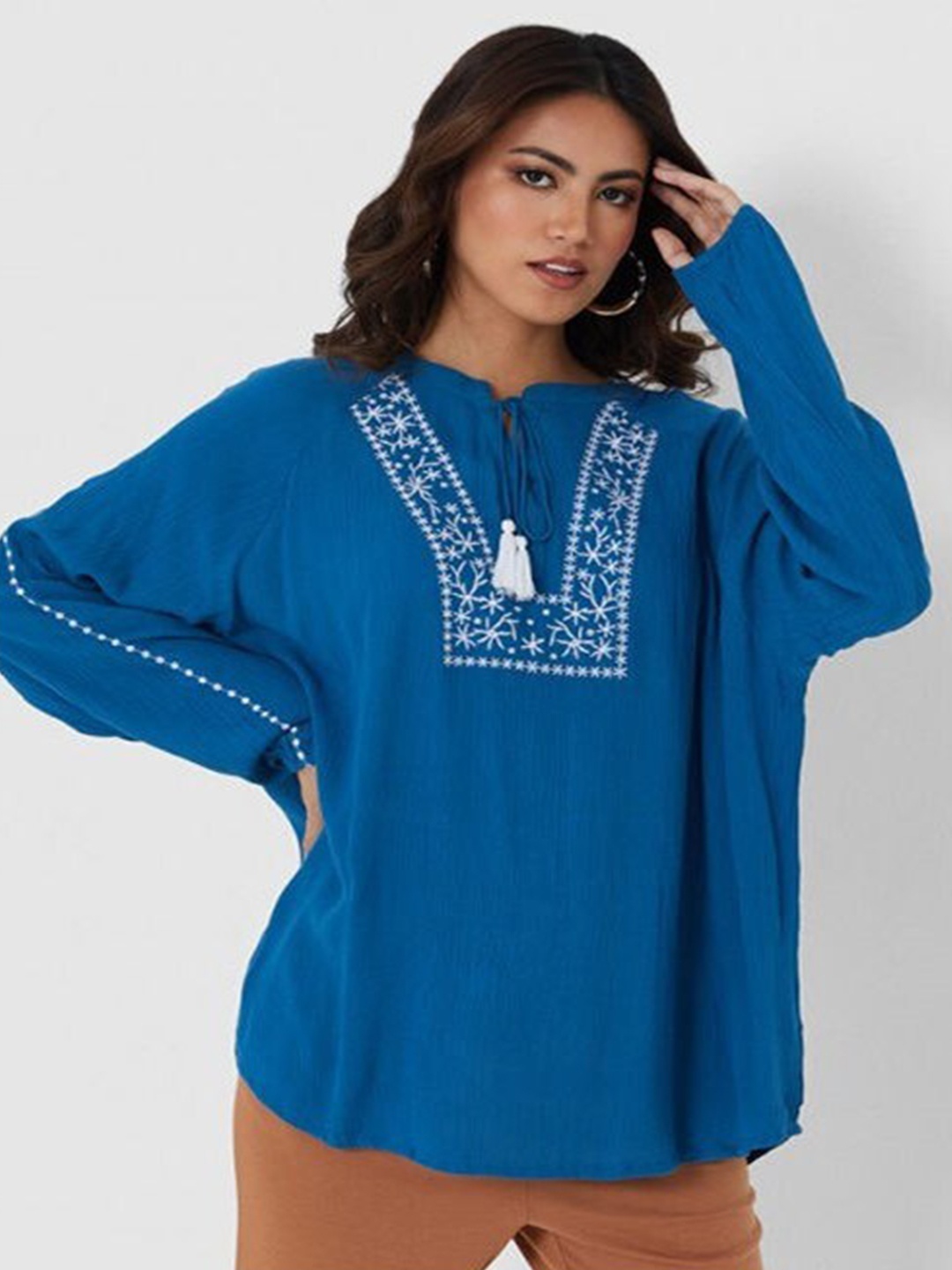 

Aila Floral Embroidered Tie-Up Neck Top, Blue