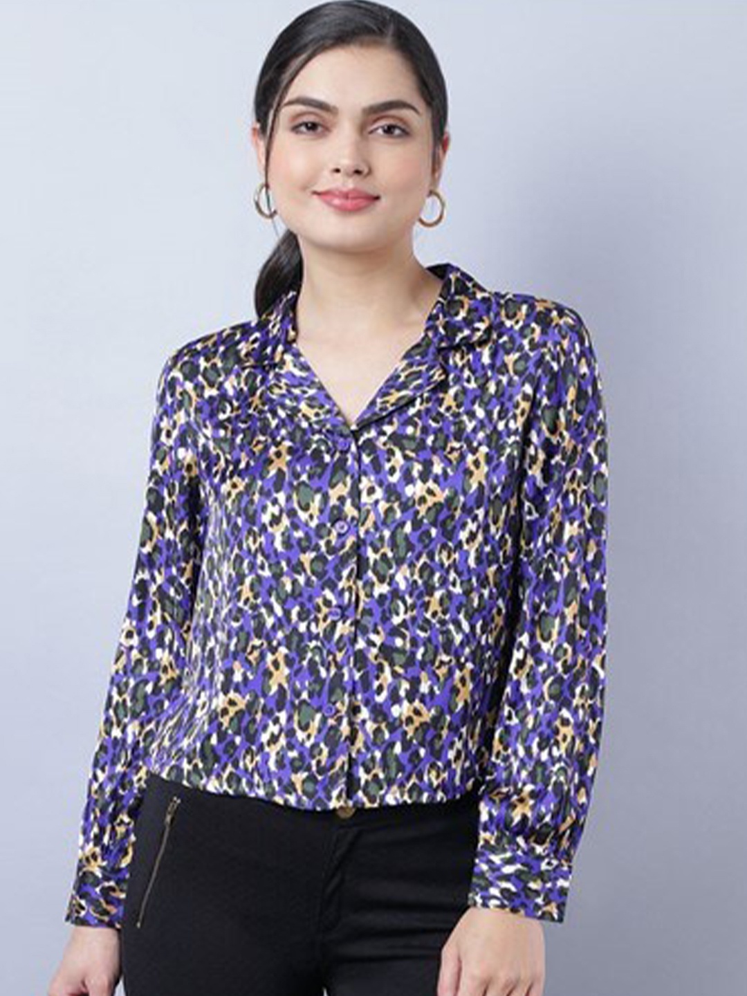 

Aila FLoral Printed Shirt Collar Cotton Shirt Style Top, Blue
