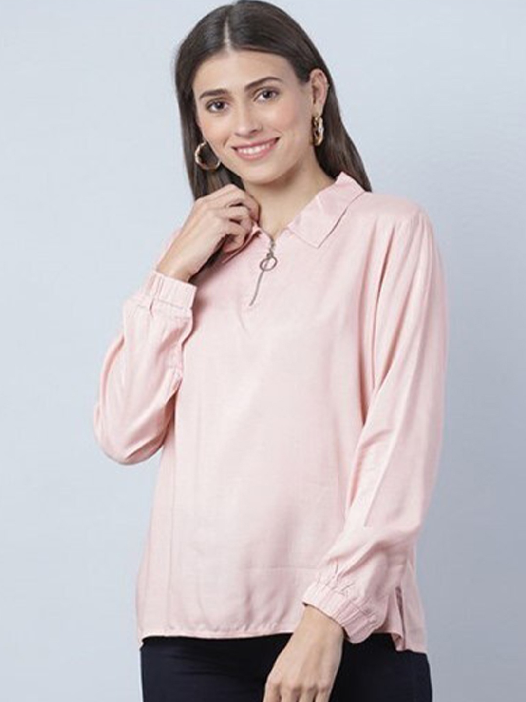 

Aila Cuffed Sleeves Cotton Shirt Style Top, Peach