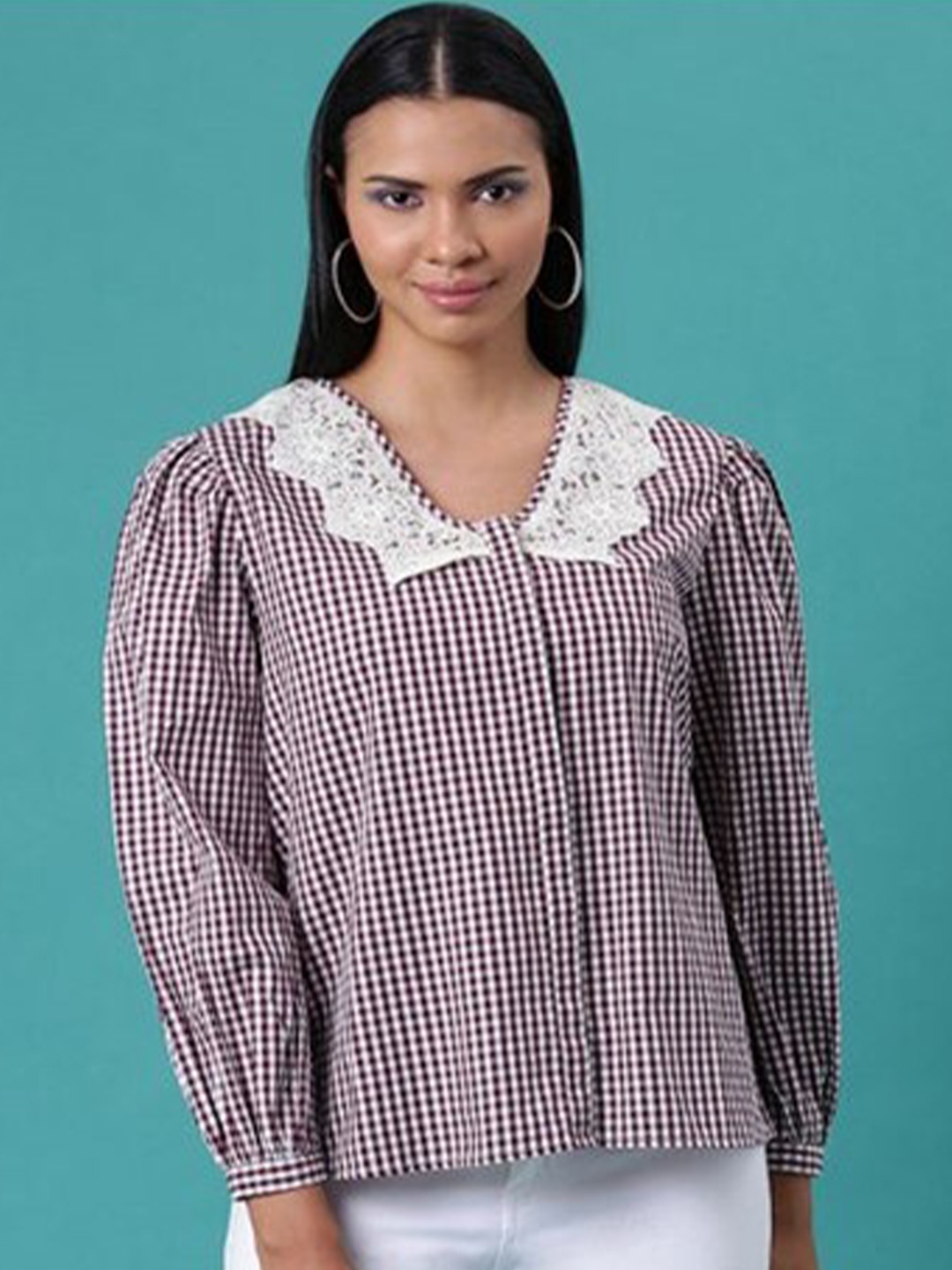 

Aila Checked Lace Inserts Cotton Shirt Style Top, Burgundy