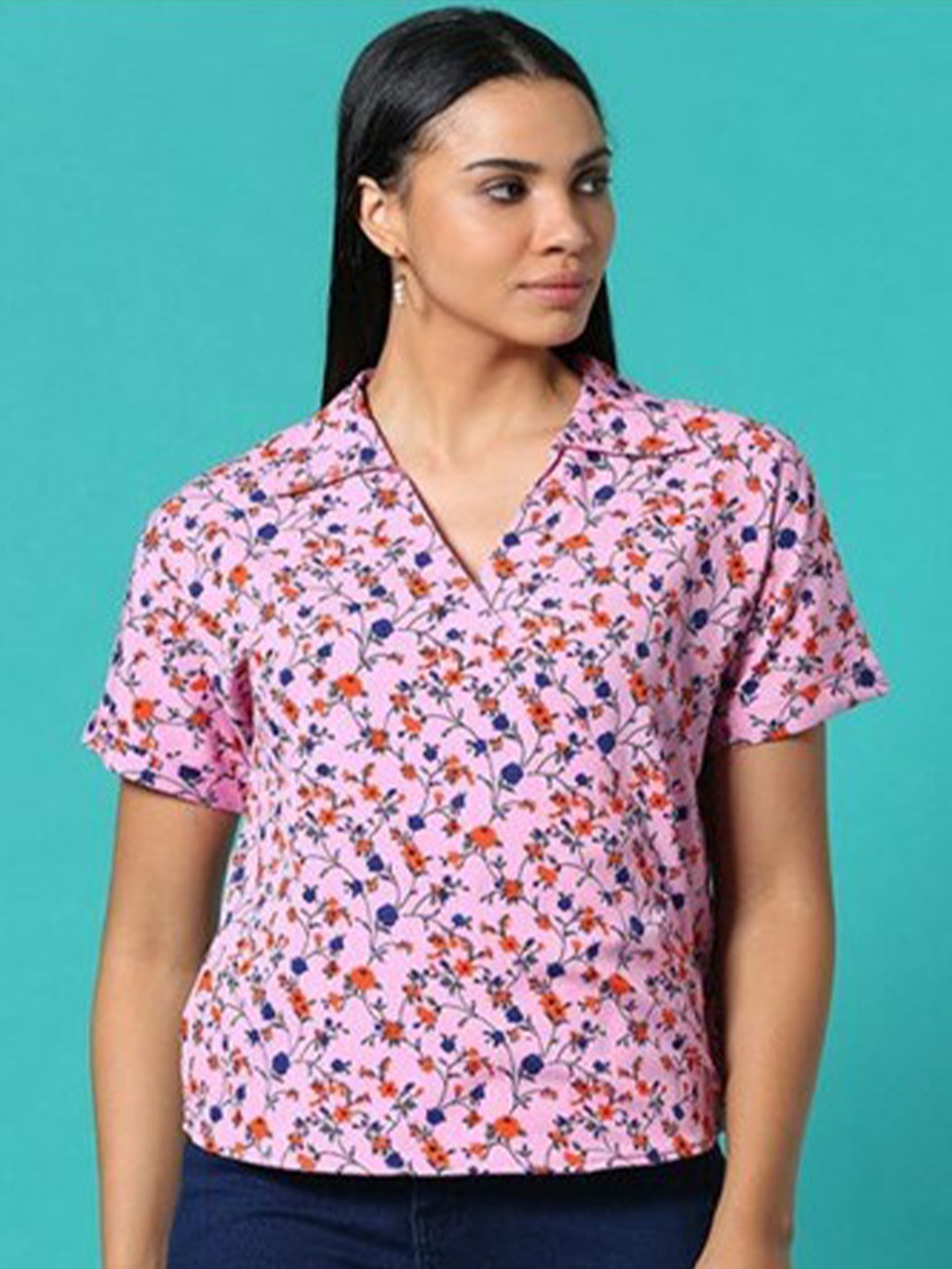 

Aila Floral Printed Shirt Collar Cotton Top, Pink