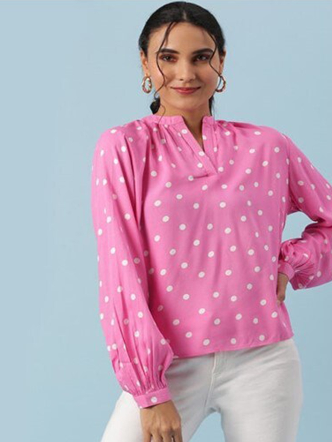 

Aila Polka Dots Printed Mandarin Collar Puffed Sleeves Cotton Top, Pink