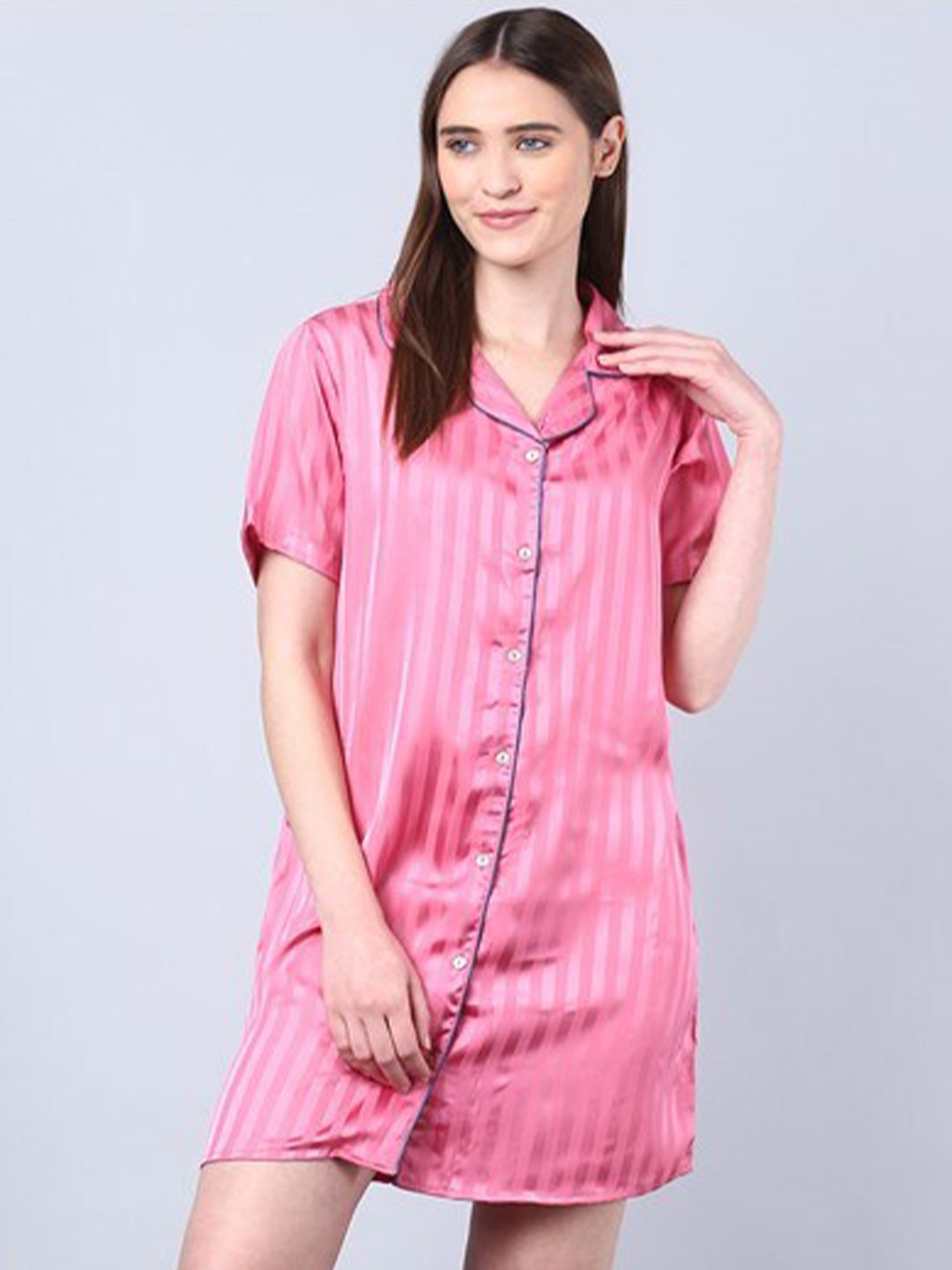 

Aila Striped Lapel Collar Shirt Dress, Pink