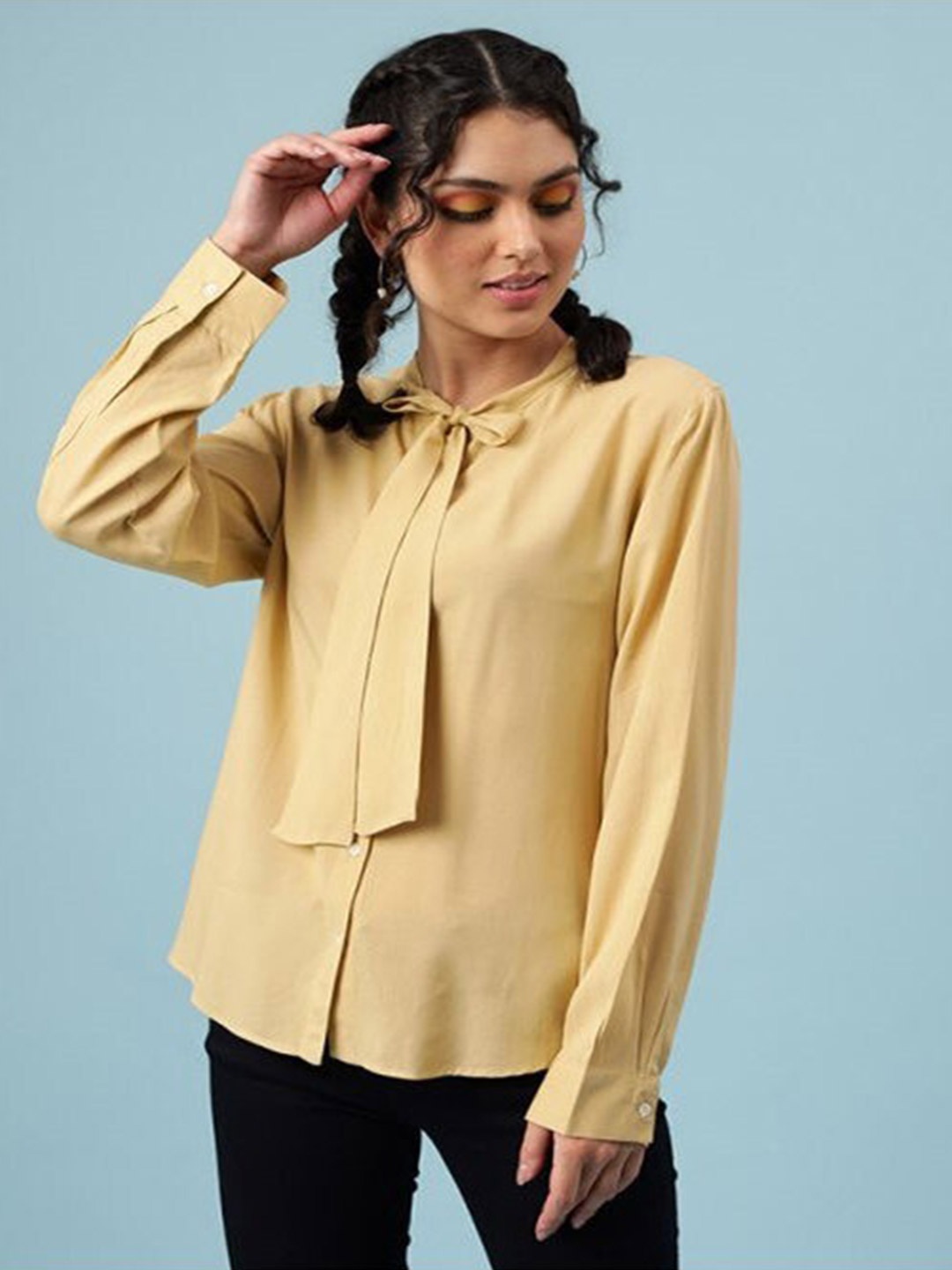 

Aila Tie-Up Neck Cotton Shirt Style Top, Beige