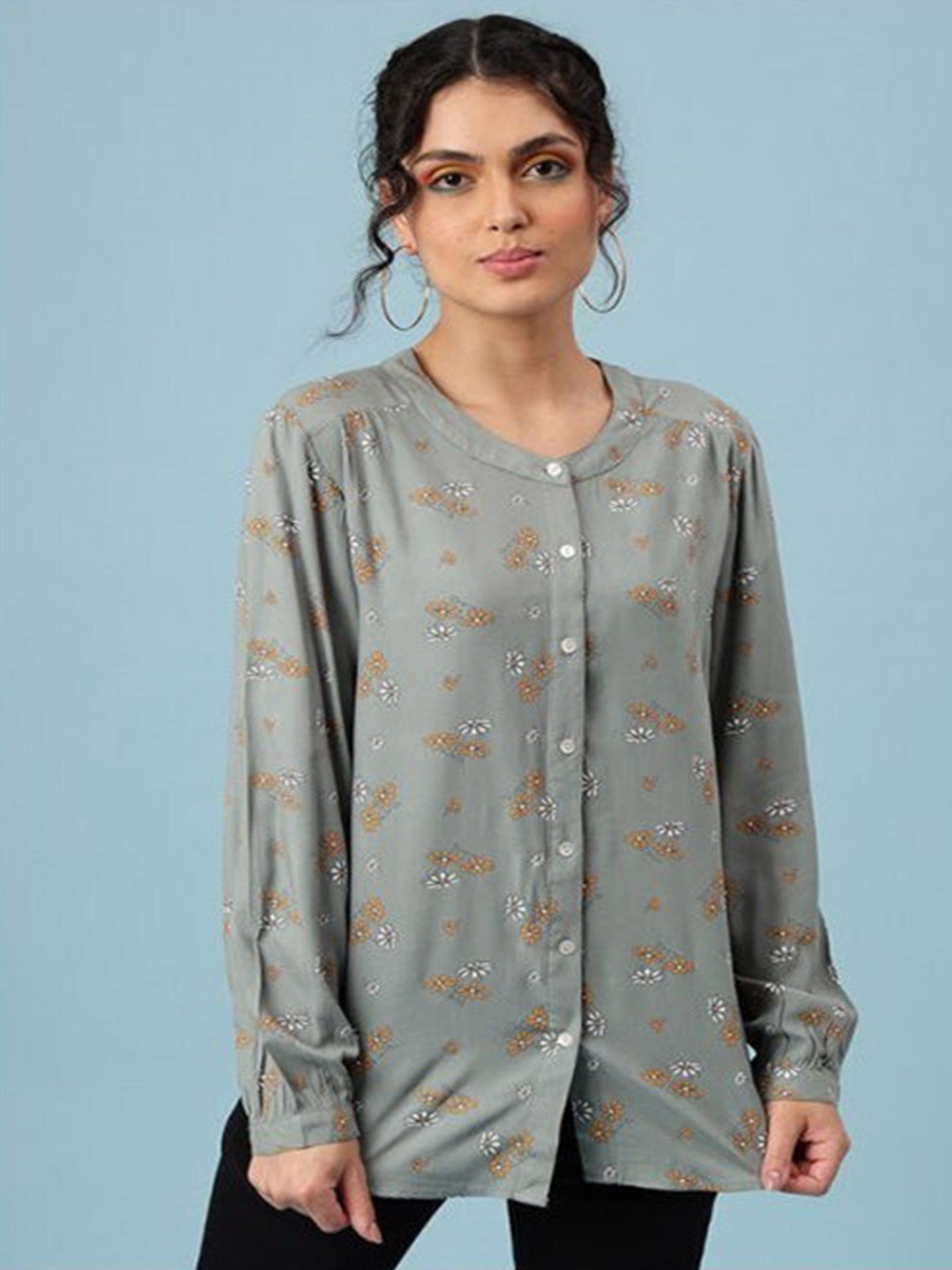 

Aila Floral Printed Cotton Cuffed Sleeves Shirt Style Top, Grey