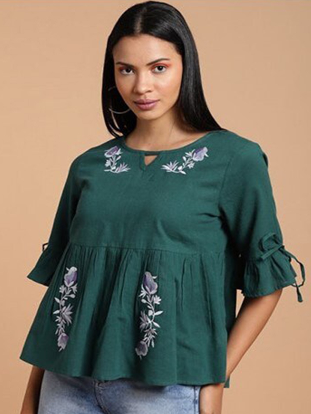 

Aila Floral Embroidered Keyhole Neck Cotton Peplum Top, Green