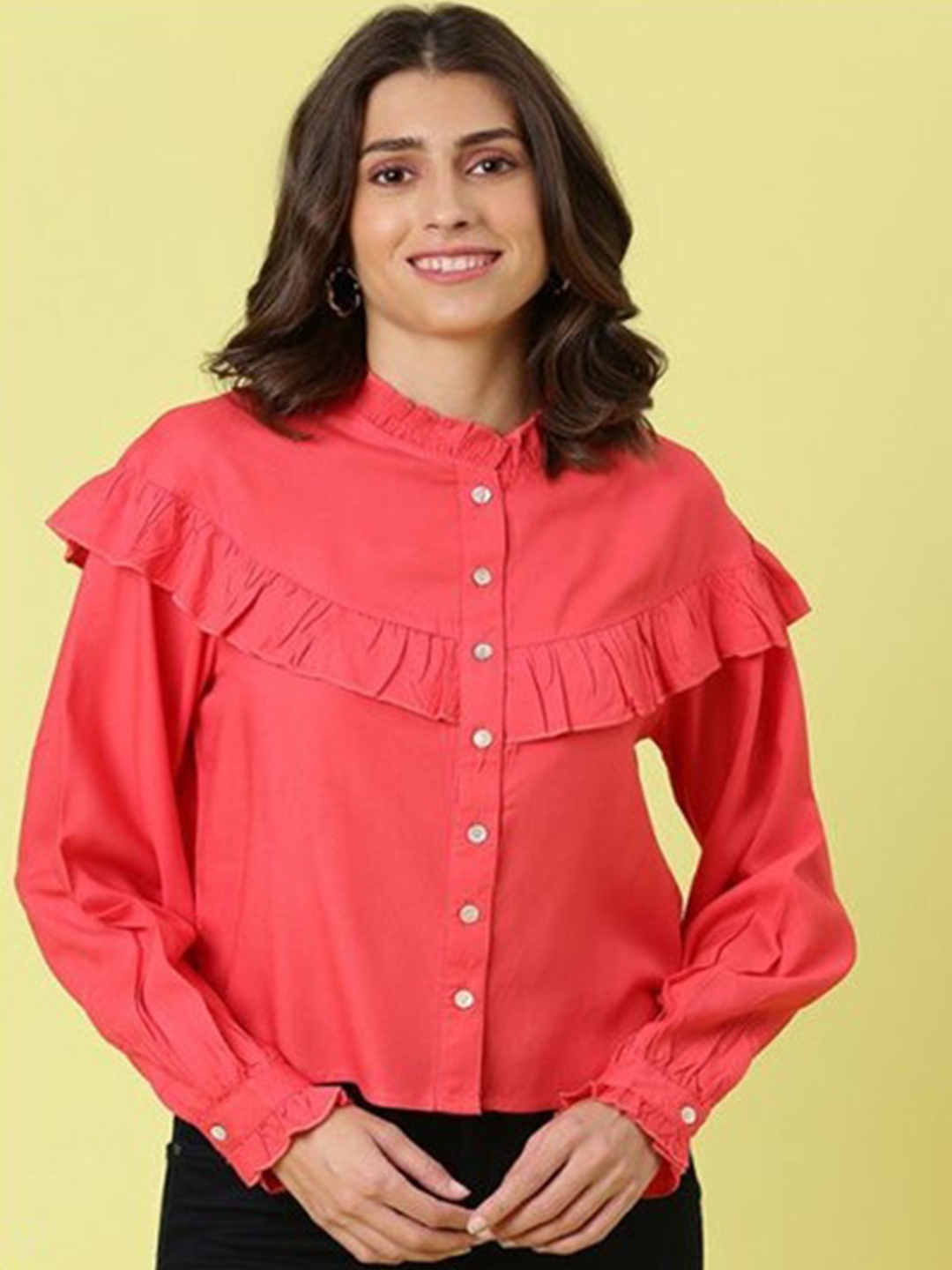 

Aila High Neck Ruffled Shirt Style Top, Peach
