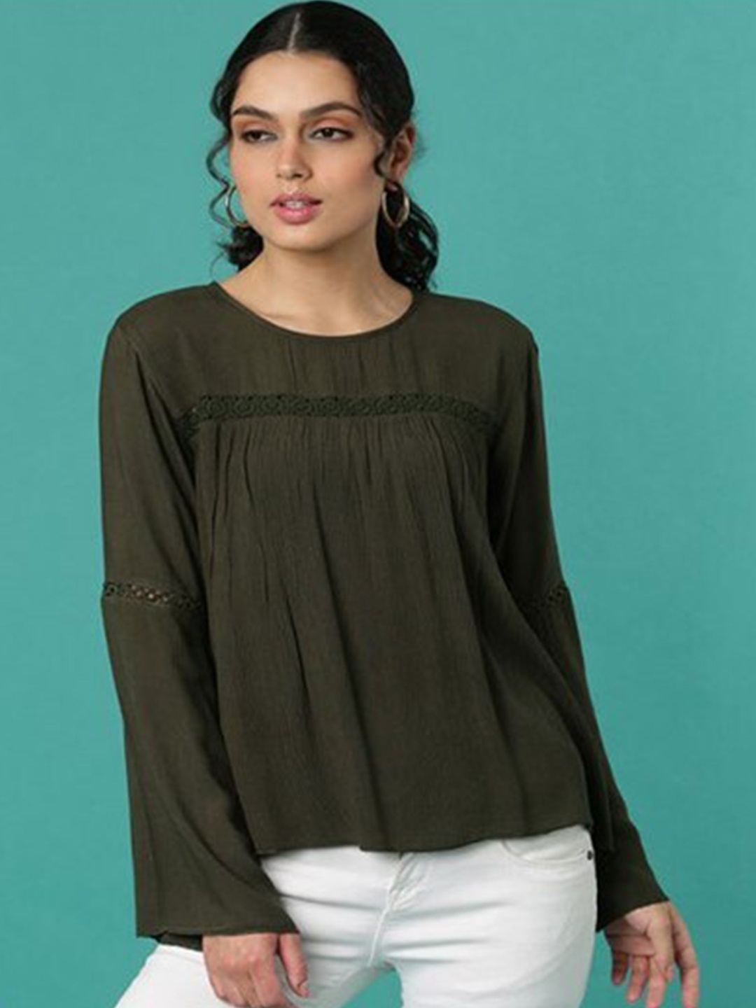 

Aila Bell Sleeves Lace Insert Detail Cotton Top, Green