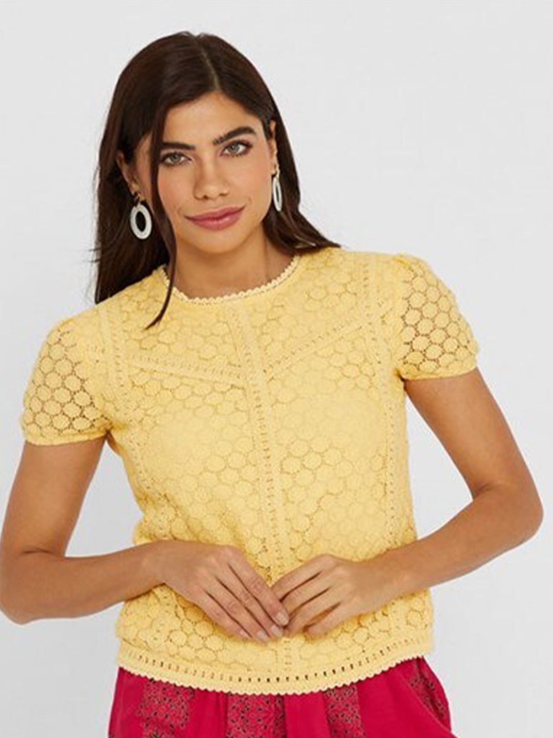 

Aila Self Design Cotton Top, Yellow