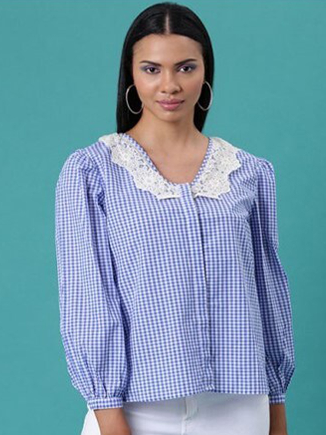 

Aila Checked V-Neck Cuffed Sleeves Cotton Shirt Style Top, Navy blue