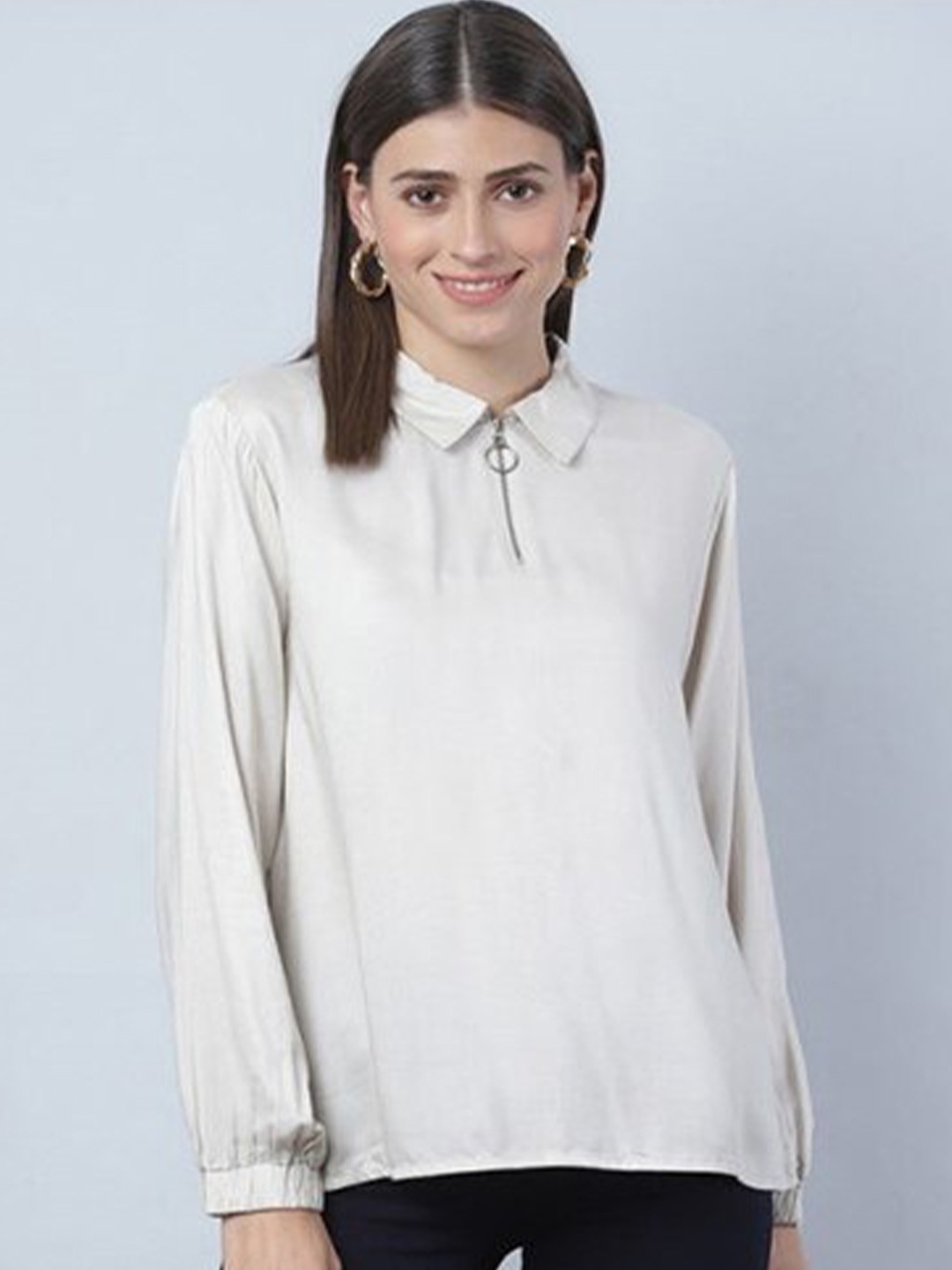 

Aila Shirt Collar Puff Sleeves Top, Beige