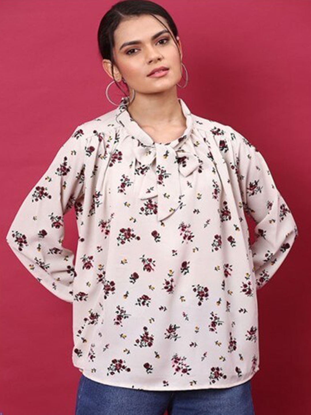 

Aila Floral Printed Tie-Up Neck Cuffed Sleeves Cotton Top, Beige