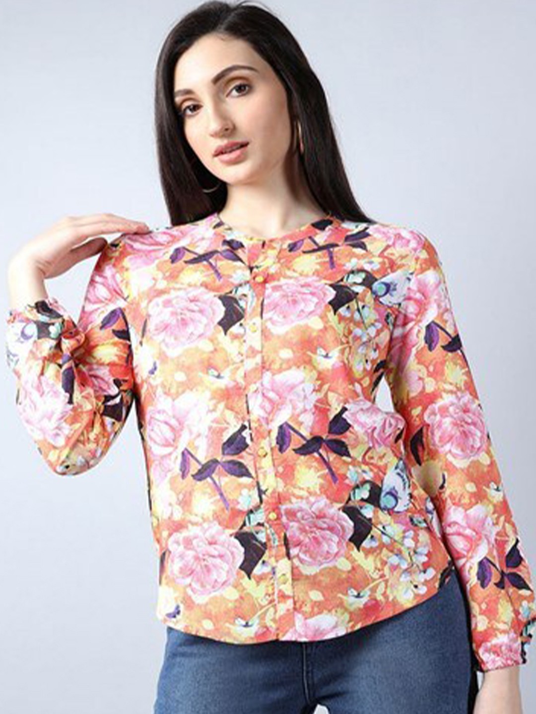 

Aila Floral Printed Round Neck Cuffed Sleeves Shirt Style Top, Pink