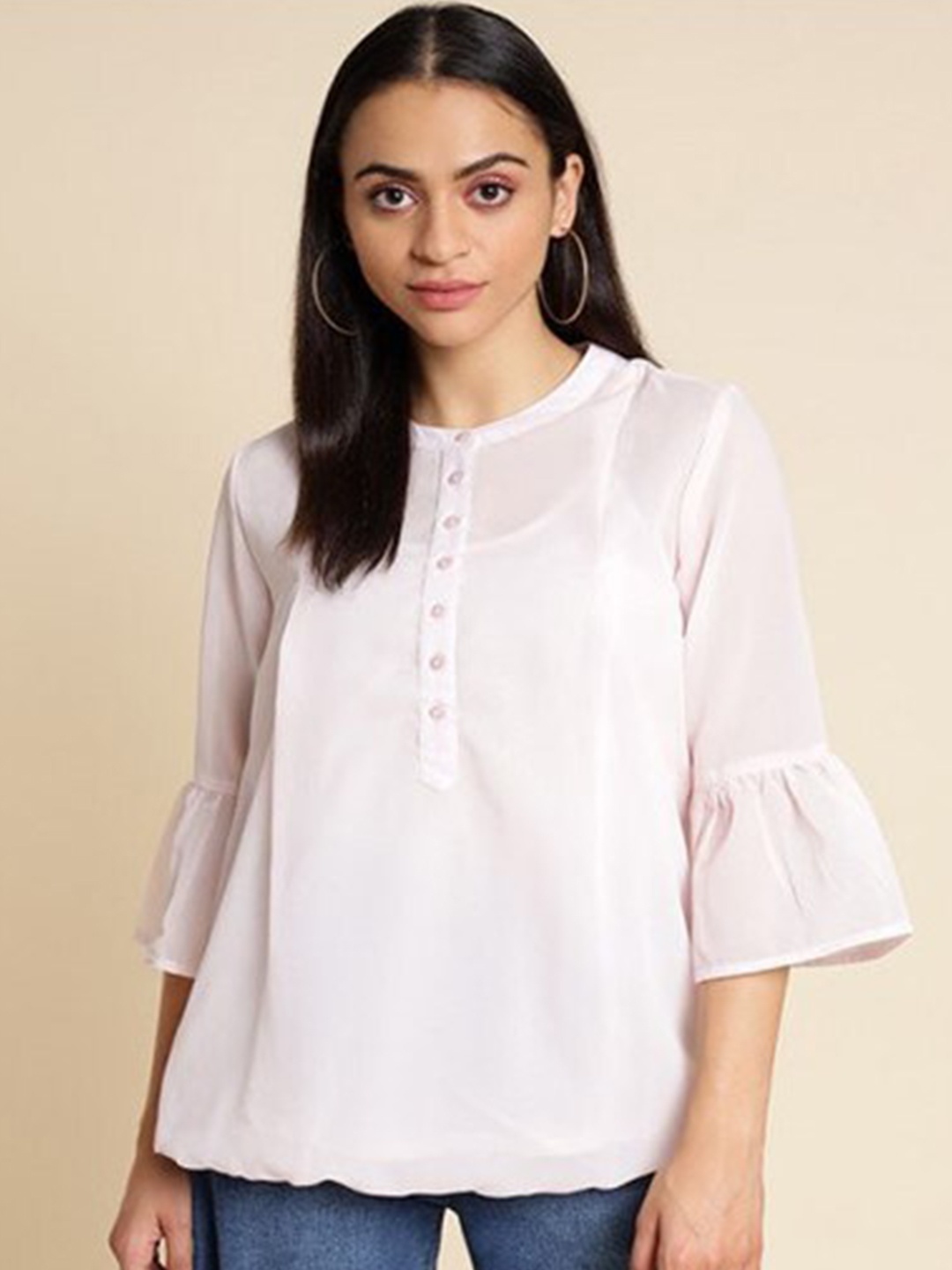 

Aila Band Collar Bell Sleeves Cotton Top, Pink
