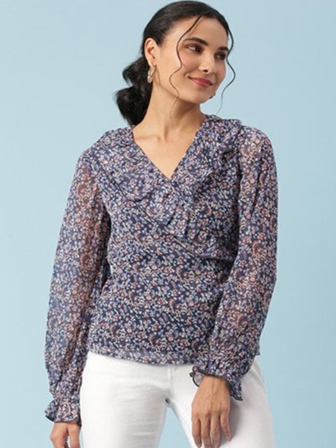 

Aila Floral Printed Cotton Top, Navy blue