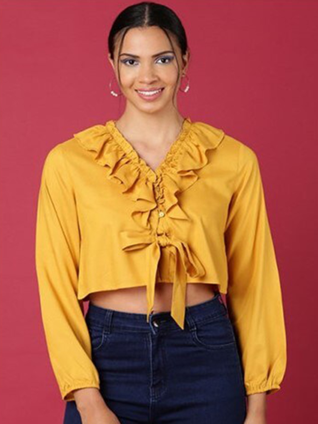 

Aila V-Neck Puff Sleeve Cotton Crop Top, Mustard