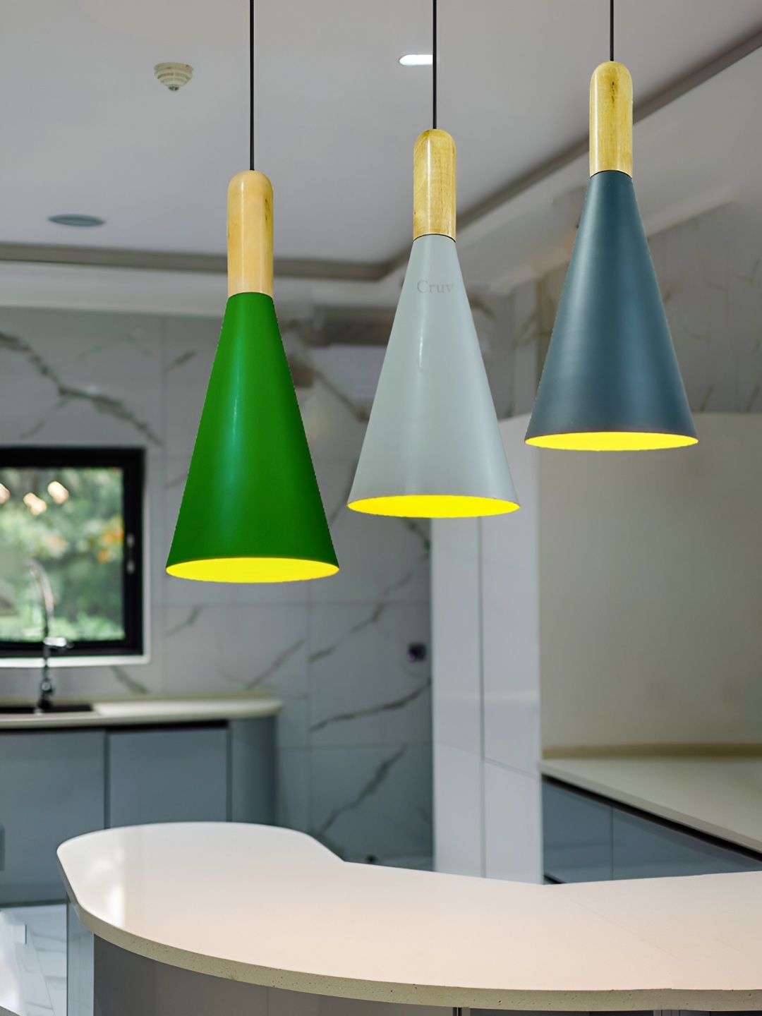 

Cruv Green & Grey 3 Pieces Triangle Shaped Aluminium Ceiling Lamps