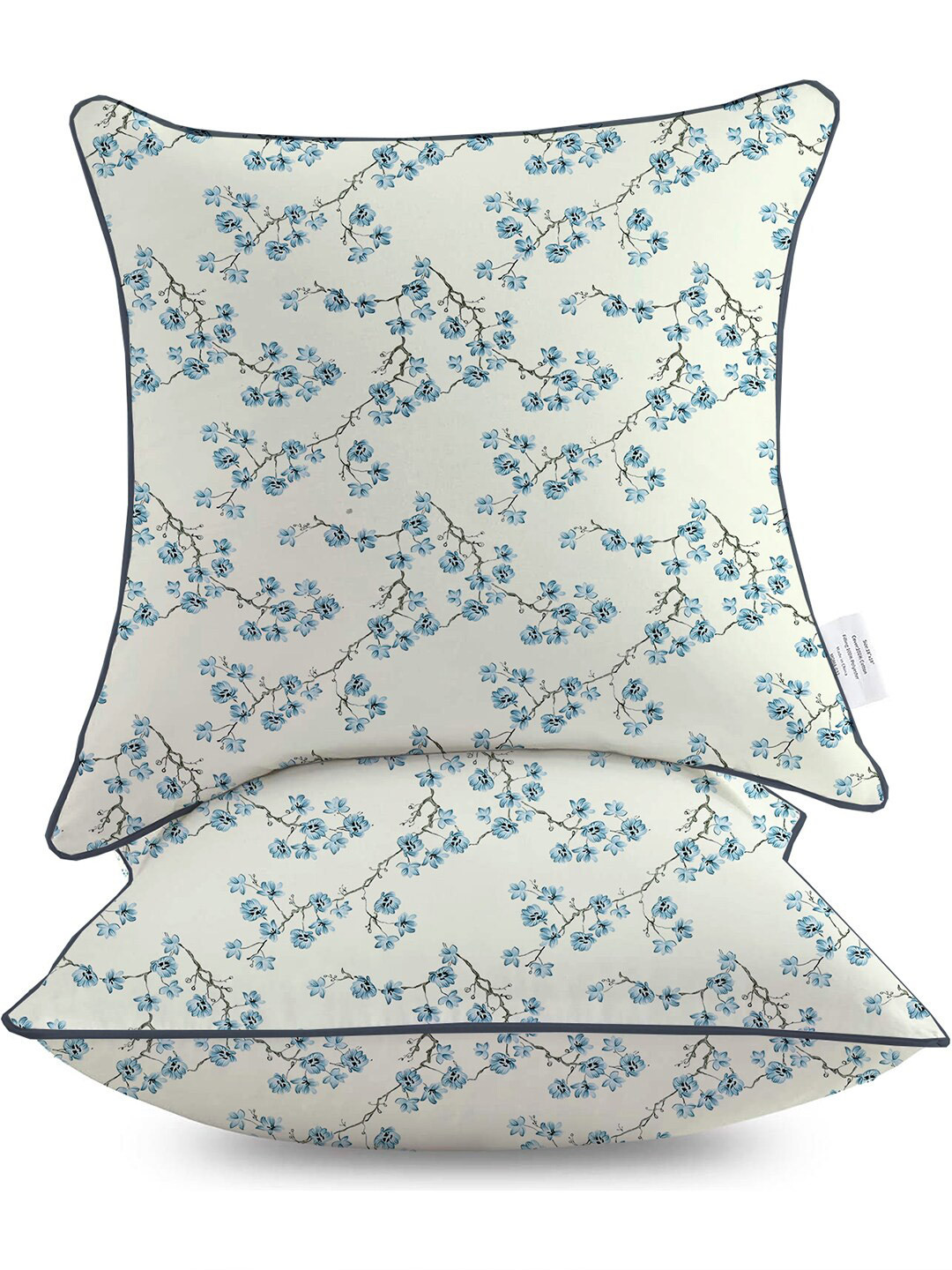 

THE WHITE MOSS Jane Premium 2 Pcs White & Blue Floral Cotton Square Cushion Covers