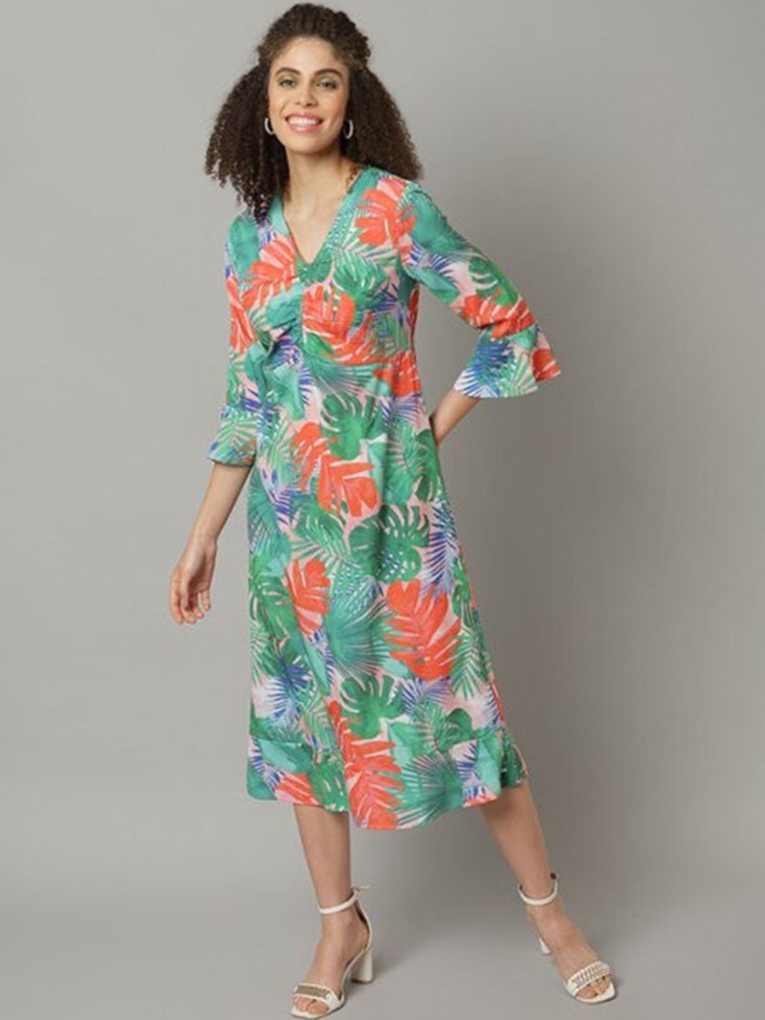 

Aila Floral Printed Bell Sleeves A-Line Midi Dress, Green