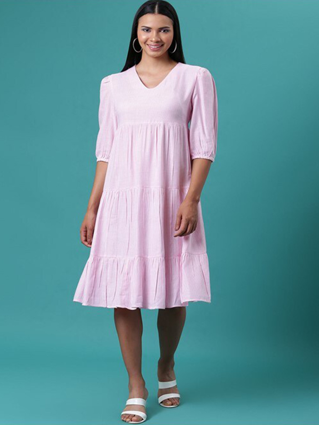 

Aila Striped Gathered V-Neck Cotton Fit & Flare Dress, Pink