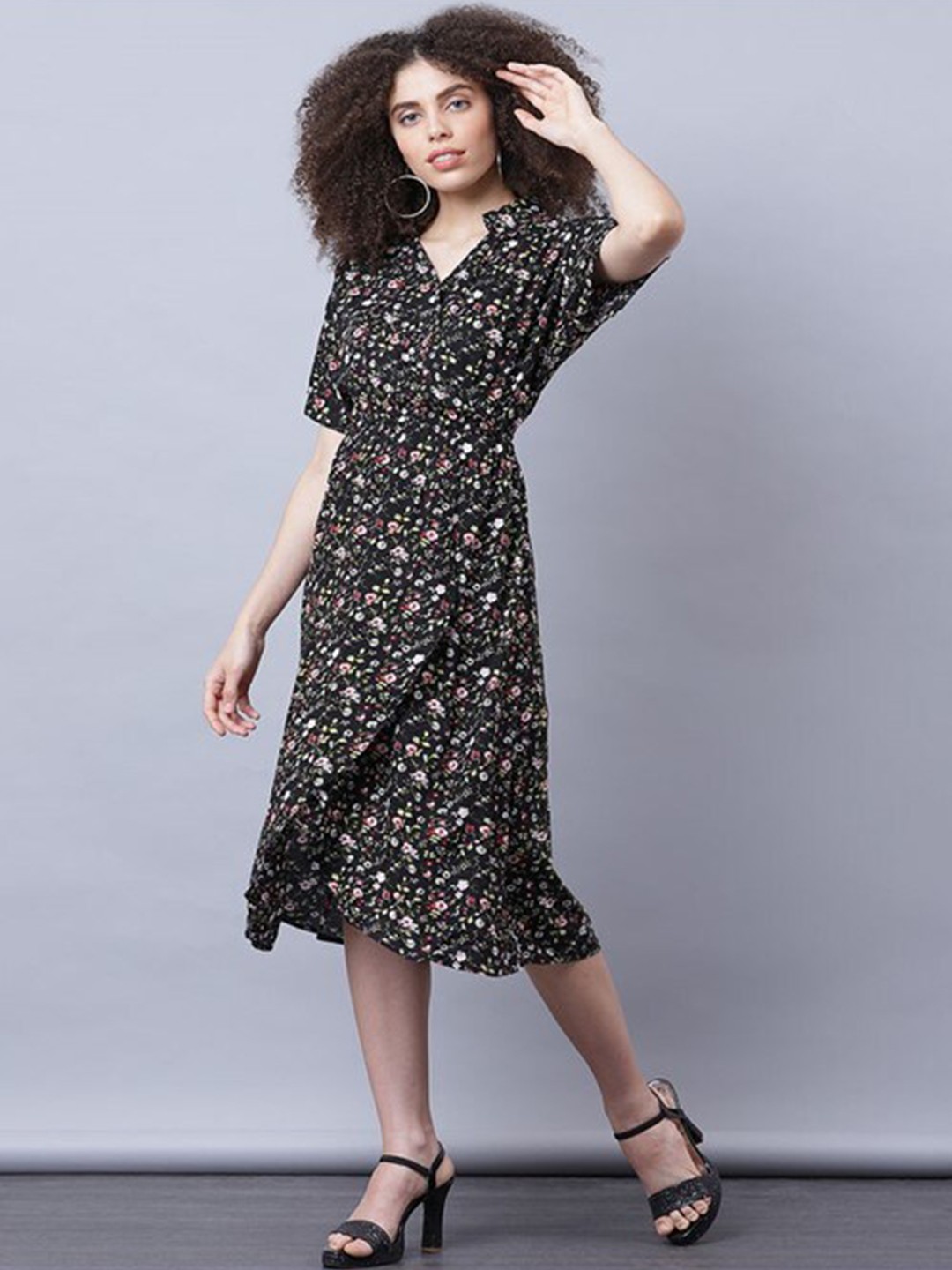 

Aila Floral Printed Mandarin Collar Fit & Flare Midi Dress, Black