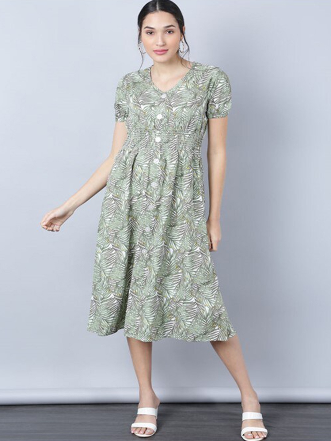 

Aila Tropical Printed V-Neck Smocked Fit & Flare Midi Dress, White
