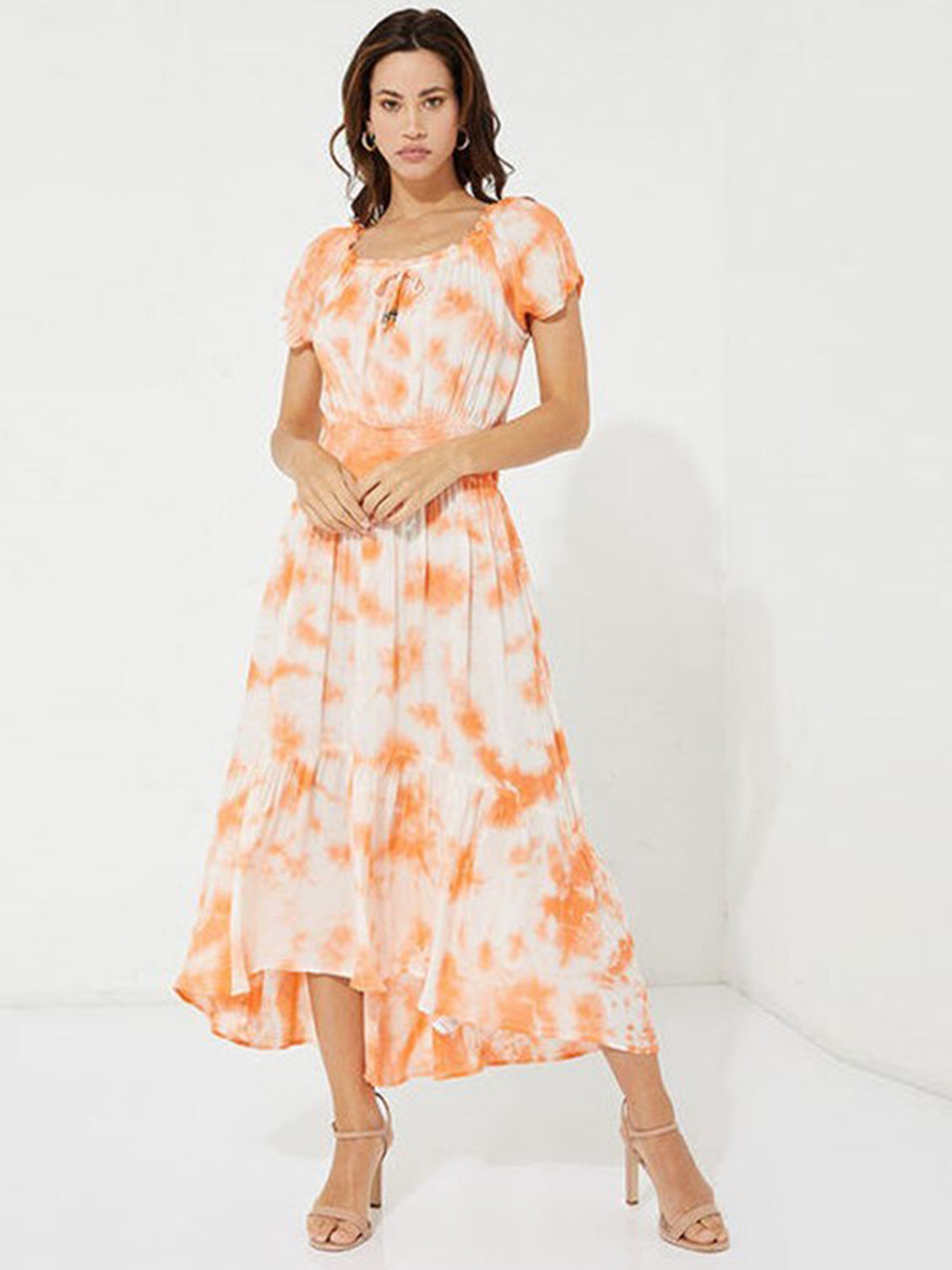 

Aila Tie & Dyed High-Low Cap Sleeves Midi A-Line Dress, White