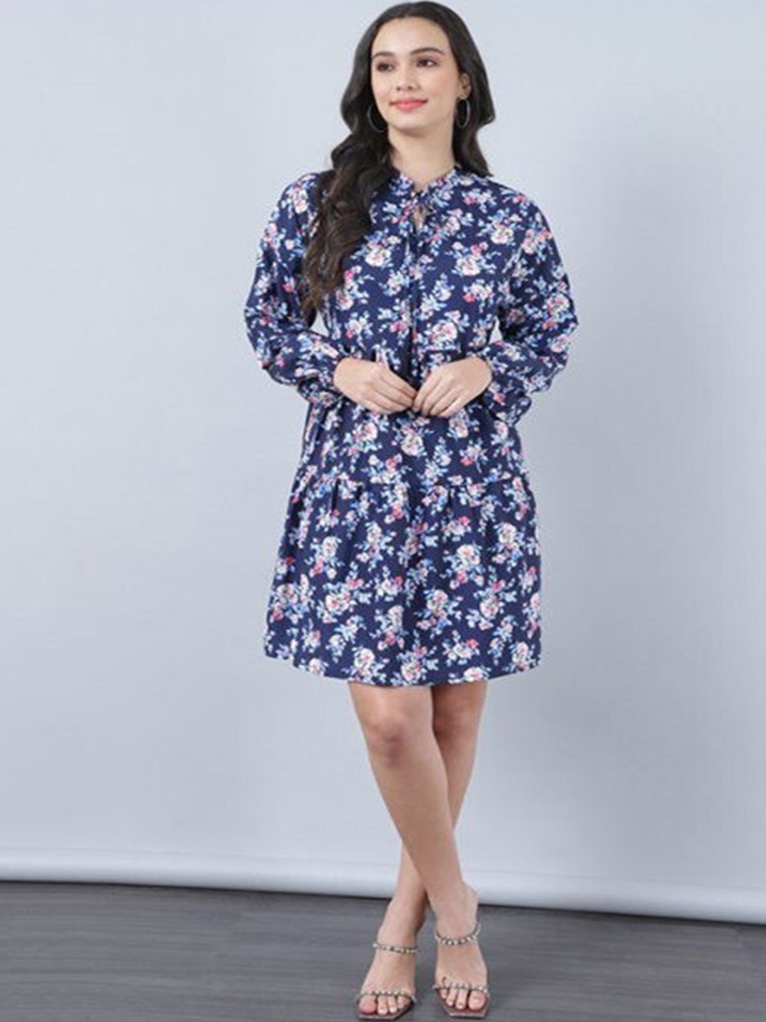 

Aila Floral Printed Tie-Up Neck A-Line Dress, Navy blue
