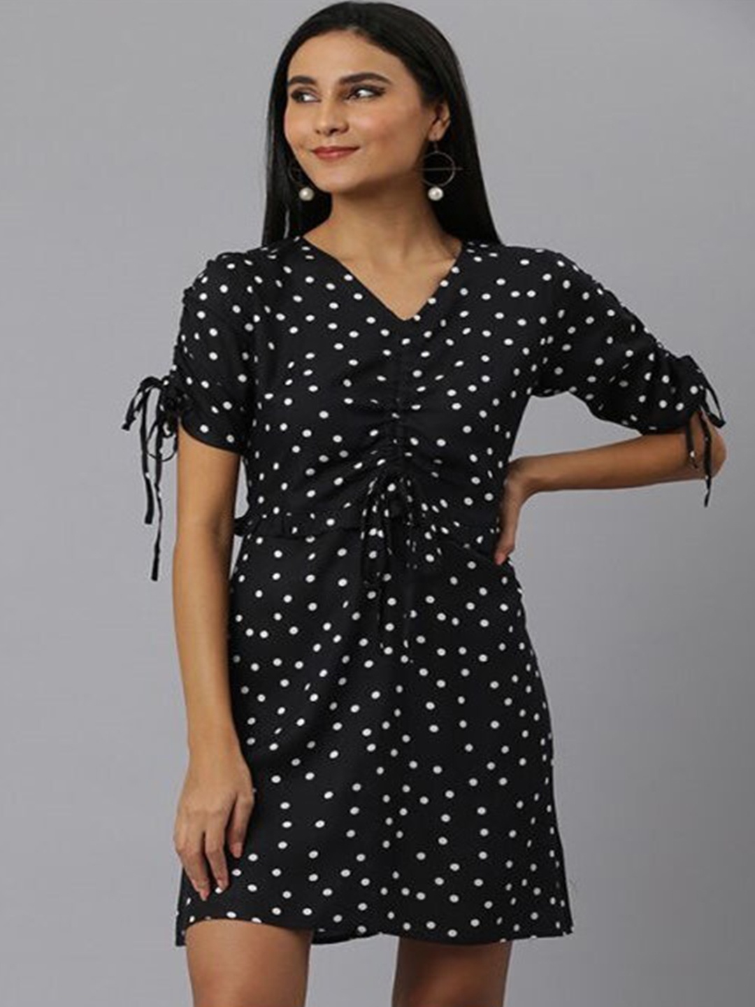 

Aila Polka Dots Printed V-Neck A-Line Dress, Black