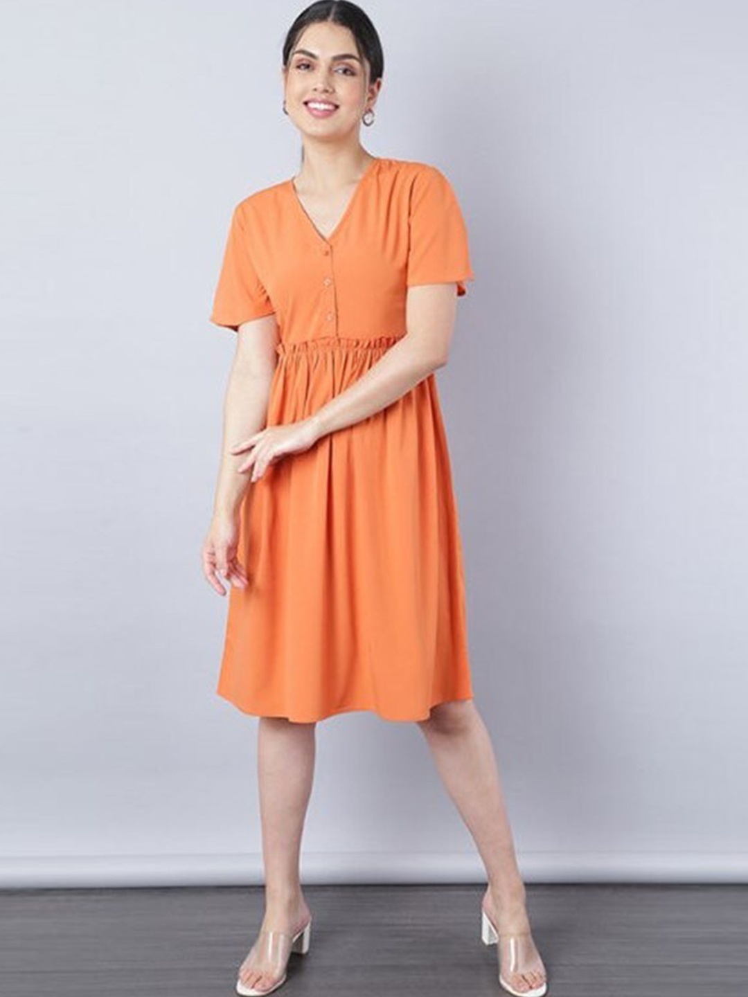 

Aila V-Neck Cotton Fit & Flare Dress, Orange