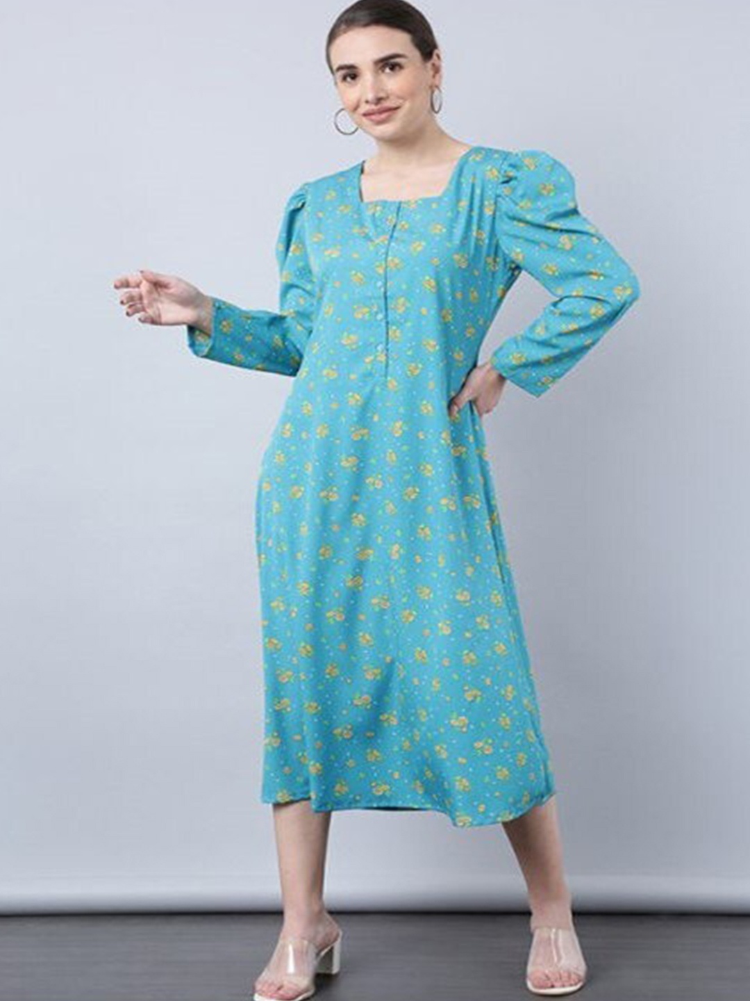 

Aila Floral Print Square Neck Puff Sleeves A-Line Midi Dress, Blue