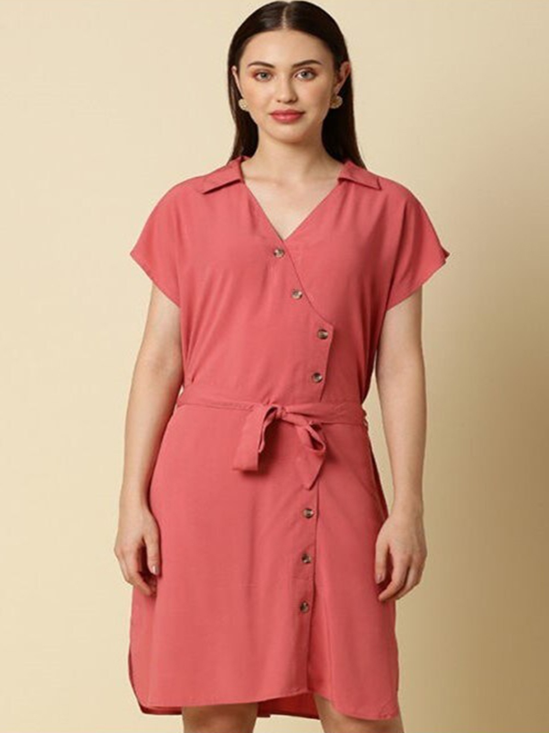 

Aila Shirt Collar Short Sleeves Tie-Ups Shirt Dress, Peach