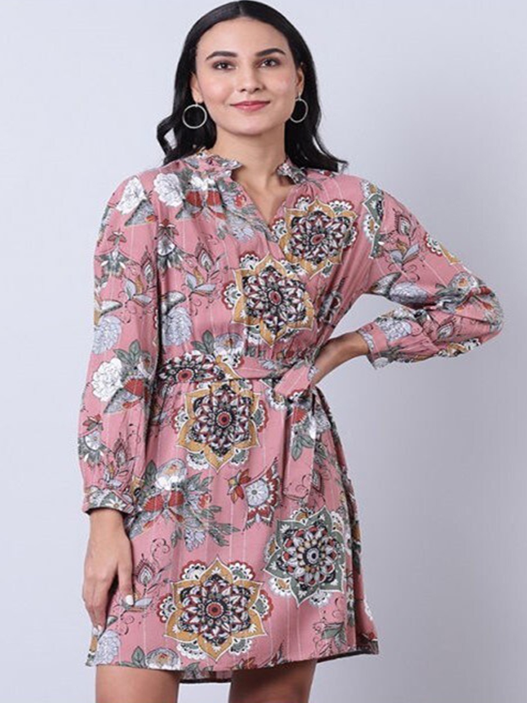 

Aila Floral Print Mandarin Collar Cuffed Sleeves Tie-Ups A-line Dress, Pink