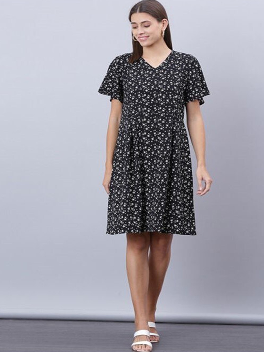 

Aila Floral Printed A-Line Dress, Navy blue