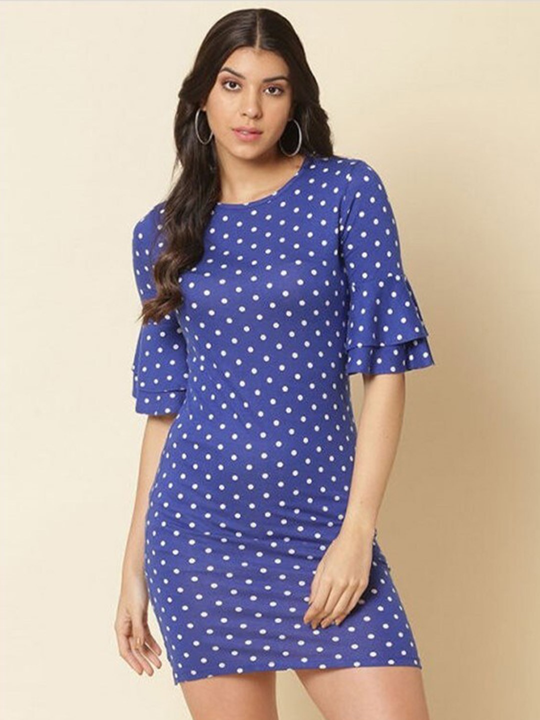 

Aila Polka Dots Printed Bell Sleeves Bodycon Dress, Blue