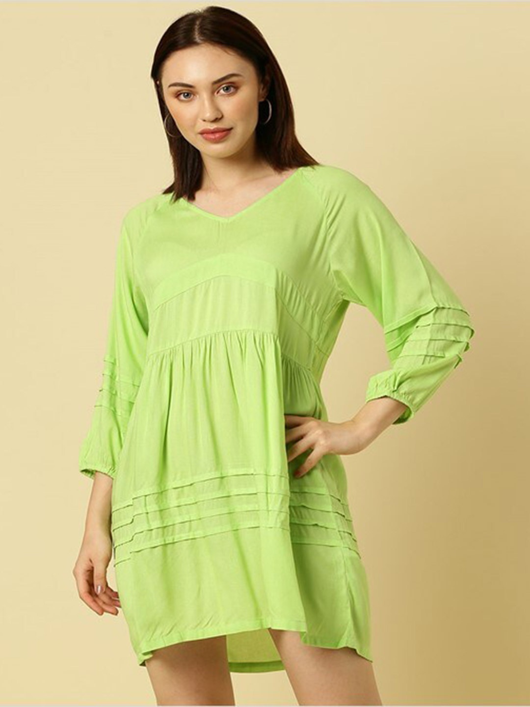 

Aila V-Neck Puff Sleeves Tiered A-Line Mini Dress, Green