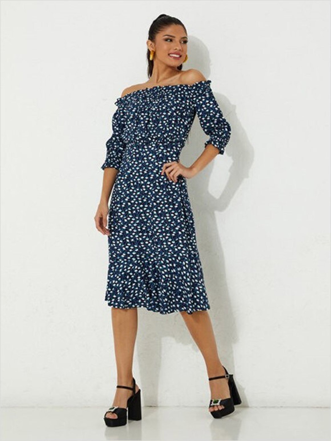

Aila Floral Printed Off-Shoulder Fit & Flare Dress, Blue