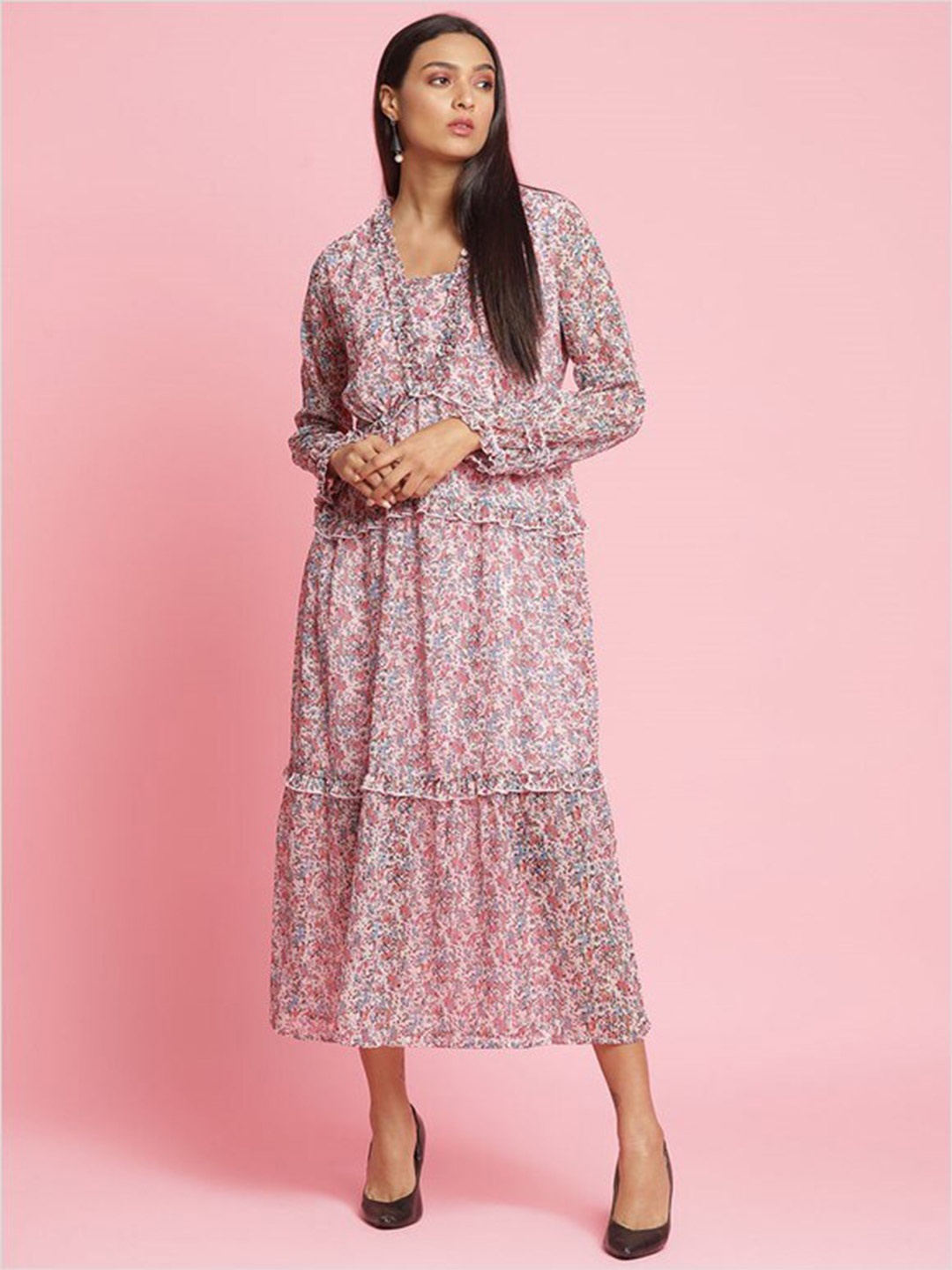 

Aila Floral Print Ruffled Maxi Dress, Pink