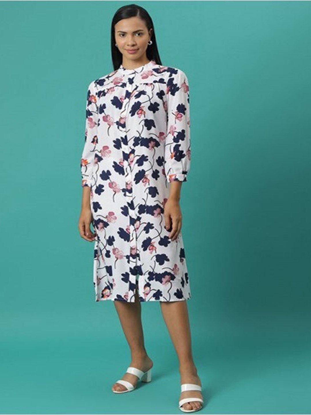 

Aila Floral Print Shirt Midi Dress, White