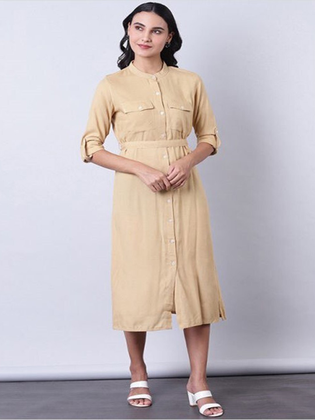 

Aila Band Collar Shirt Dress, Beige