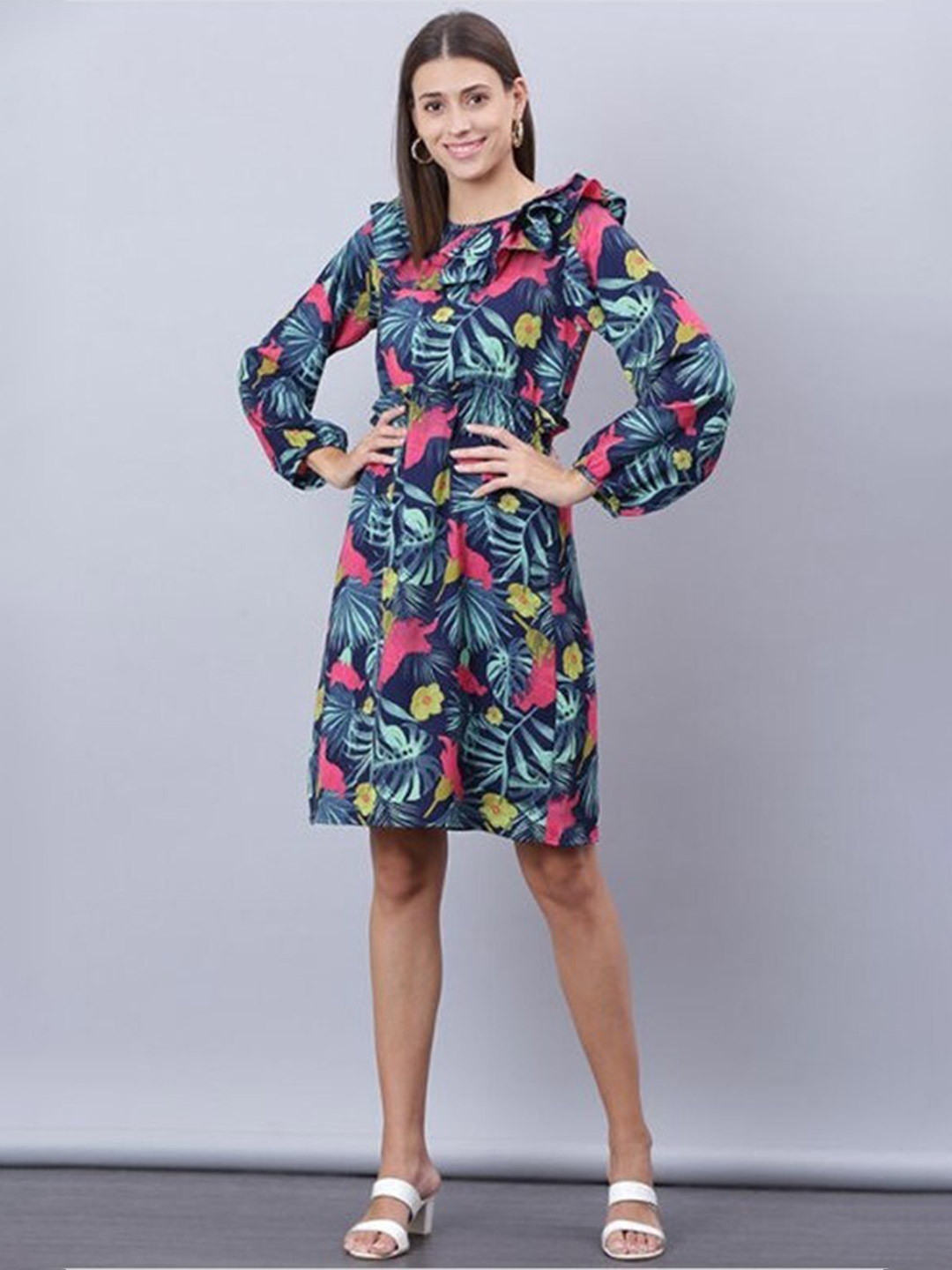 

Aila Floral Printed Ruffles Cotton A Line Dress, Blue