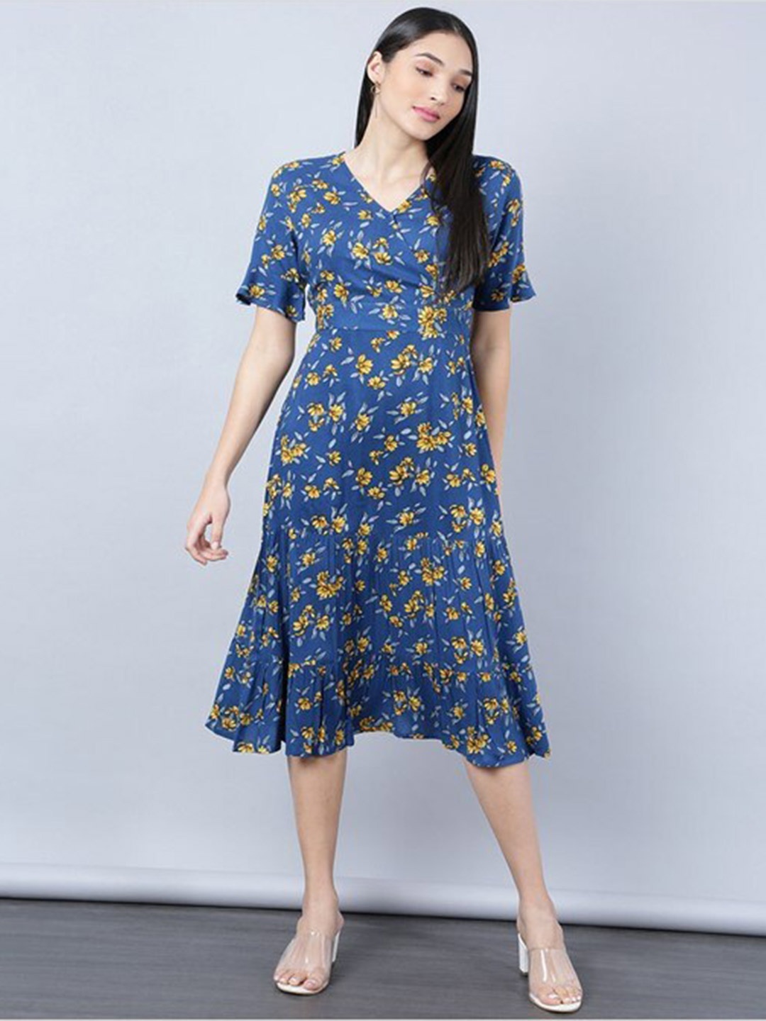 

Aila FLoral Printed V-Neck A-Line Dress, Blue