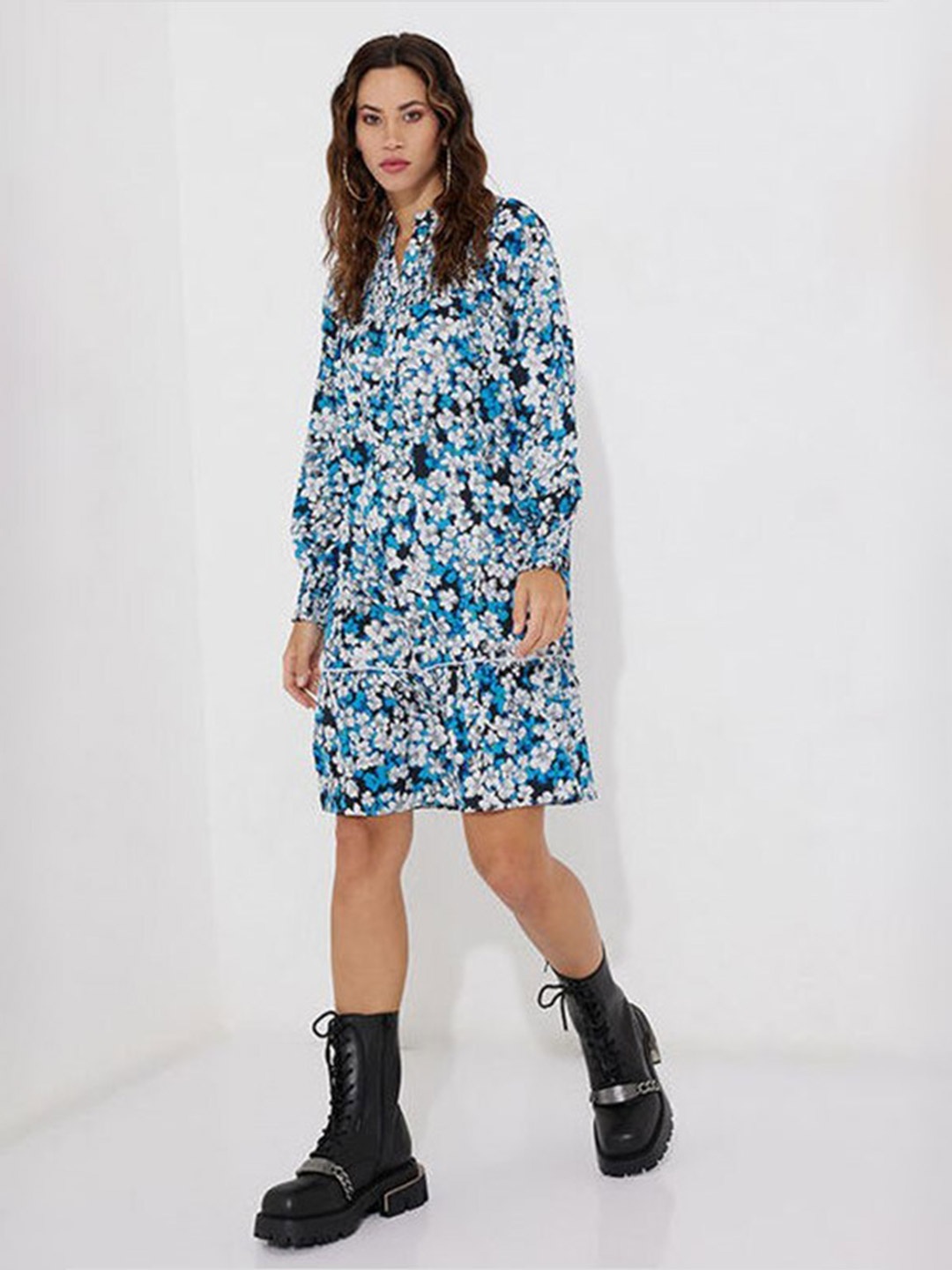 

Aila Floral Printed Mandarin Collar Gathered Detailed A-Line Dress, White